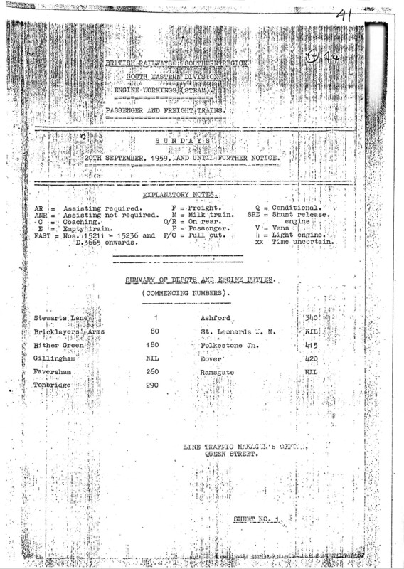 Southern Engine Workings, South Eastern Division, Sundays starting 20 September 1959. 44 pages. [EW03195909200]