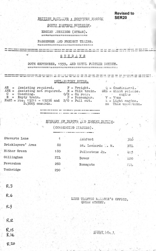 Southern Engine Workings, South Eastern Division, Sundays starting 20 September 1959. 56 pages. Notes: Revised to SER20. [EW03195909201]