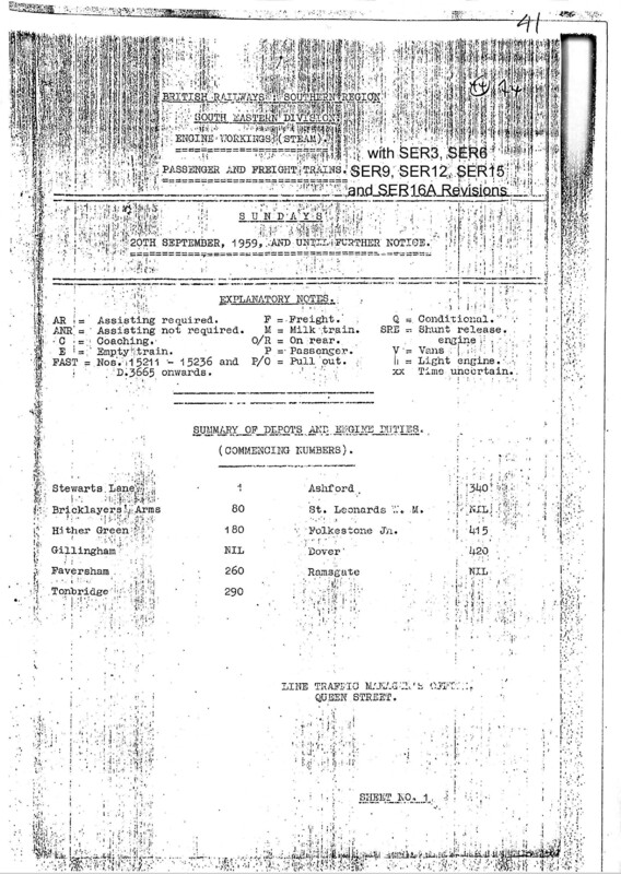 Southern Engine Workings, South Eastern Division, Sundays starting 20 September 1959. 52 pages. Notes: With SER3-SER16A Revisions. [EW03195909202]