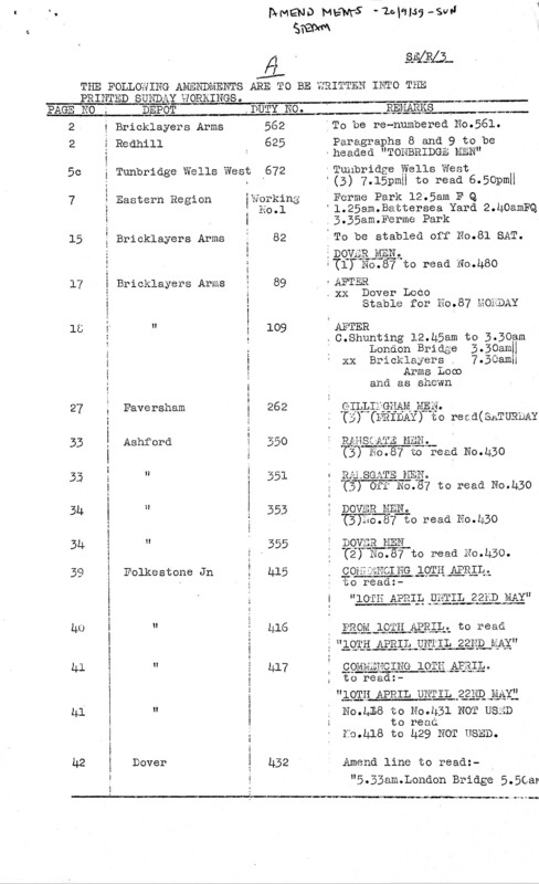 Southern Engine Workings, South Eastern Division, Sundays starting 20 September 1959. 8 pages. Notes: Revisions. [EW03195909203]
