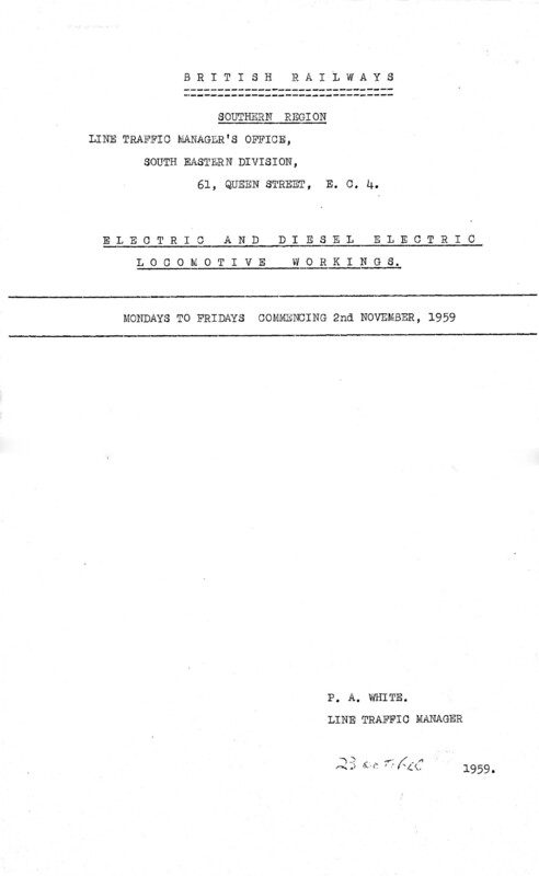 Southern Engine Workings, South Eastern Division, Mondays to Fridays starting 02 November 1959. 27 pages. Notes: Diesel and Electric. [EW03195911020]