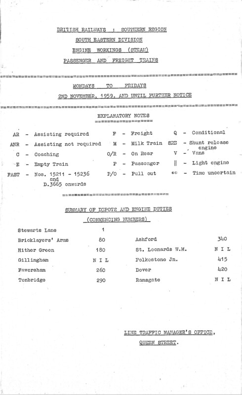 Southern Engine Workings, South Eastern Division, Mondays to Fridays starting 02 November 1959. 172 pages. [EW03195911022]