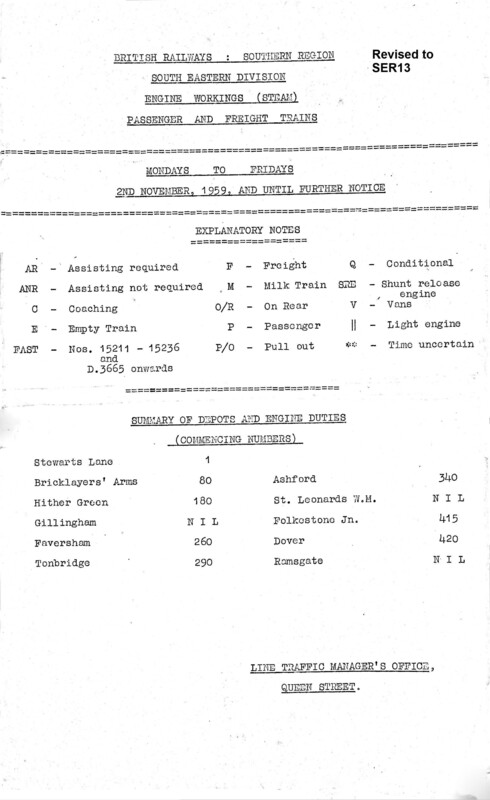 Southern Engine Workings, South Eastern Division, Mondays to Fridays starting 02 November 1959. 166 pages. Notes: Revised to SER13. [EW03195911023]