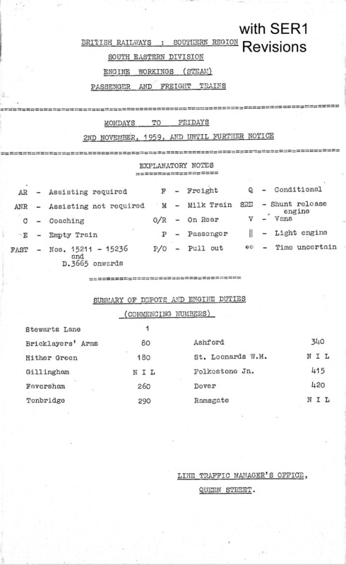 Southern Engine Workings, South Eastern Division, Mondays to Fridays starting 02 November 1959. 176 pages. Notes: With SER1 Revisions. [EW03195911025]