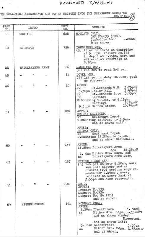 Southern Engine Workings, South Eastern Division, Mondays to Fridays starting 02 November 1959. 4 pages. Notes: SER10 Revisions. [EW03195911026]