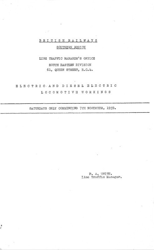 Southern Engine Workings, South Eastern Division, Saturdays starting 07 November 1959. 12 pages. Notes: Diesel and Electric. [EW03195911070]