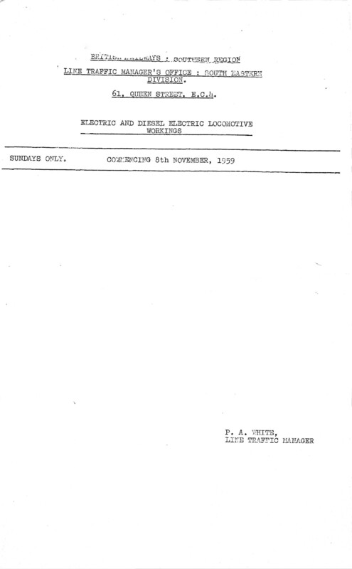 Southern Engine Workings, South Eastern Division, Sundays starting 08 November 1959. 7 pages. Notes: Diesel and Electric. [EW03195911080]