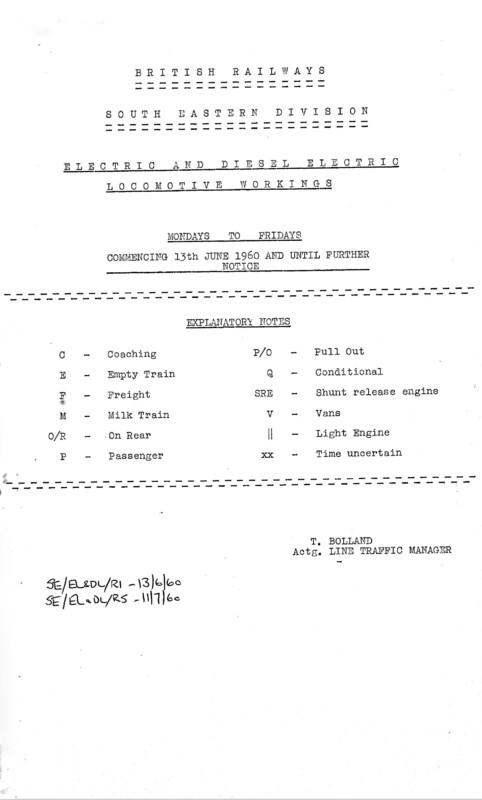 Southern Engine Workings, South Eastern Division, Mondays to Fridays starting 13 June 1960. 47 pages. Notes: Diesel and Electric. [EW03196006130]
