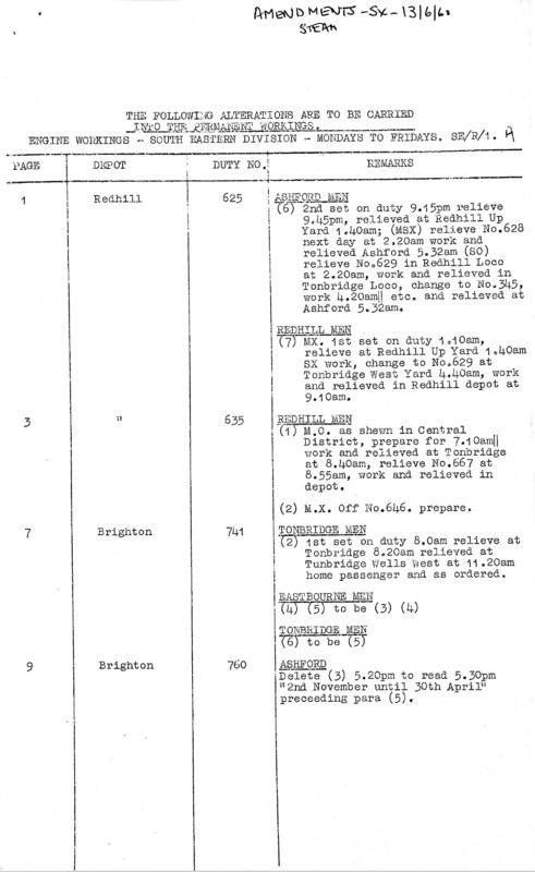 Southern Engine Workings, South Eastern Division, Mondays to Fridays starting 13 June 1960. 8 pages. Notes: SER1 Revisions. [EW03196006131]