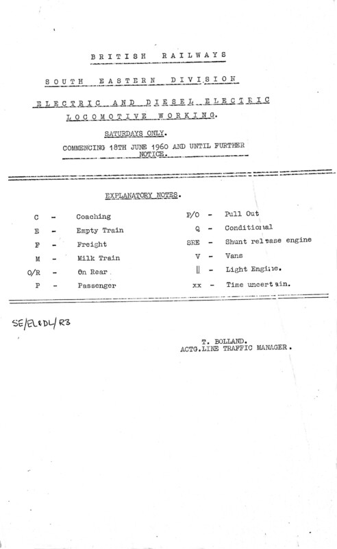 Southern Engine Workings, South Eastern Division, Saturdys starting 18 June 1960. 40 pages. Notes: Diesel and Electric. [EW03196006180]