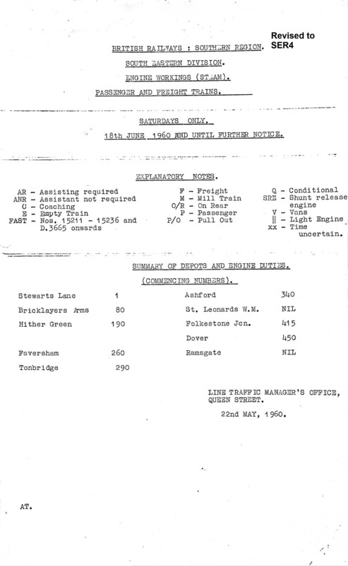 Southern Engine Workings, South Eastern Division, Saturdays starting 18 June 1960. 86 pages. Notes: Revised to SER4. [EW03196006181]