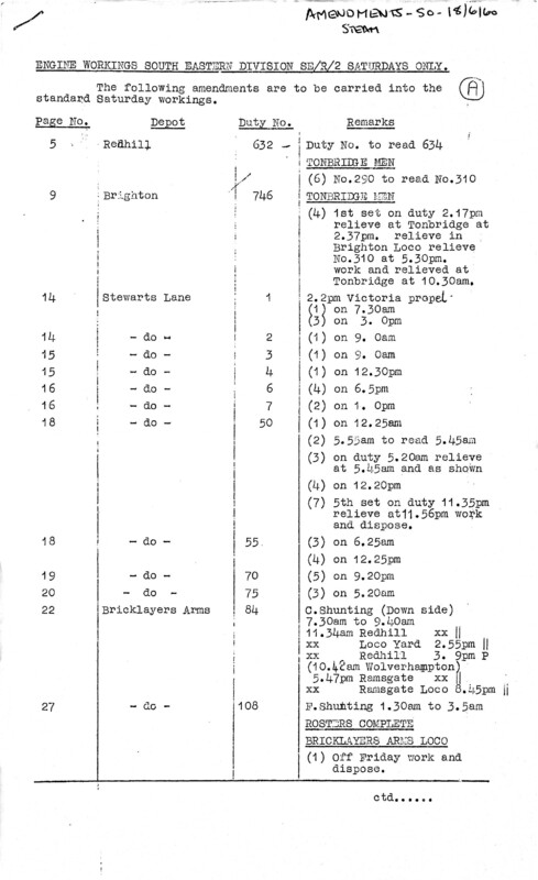 Southern Engine Workings, South Eastern Division, Saturdays starting 18 June 1960. 3 pages. Notes: SER2 Revisions. [EW03196006182]