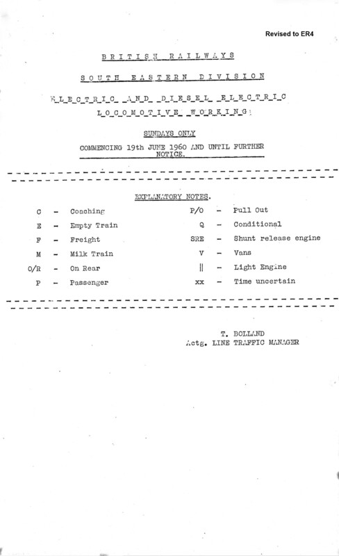 Southern Engine Workings, South Eastern Division, Sundays starting 19 June 1960. 31 pages. Notes: Diesel and Electric. [EW03196006190]