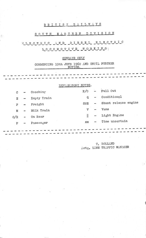 Southern Engine Workings, South Eastern Division, Sundays starting 19 June 1960. 28 pages. [EW03196006191]