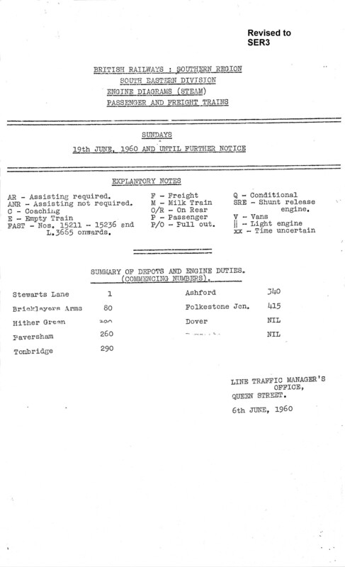Southern Engine Workings, South Eastern Division, Sundays starting 19 June 1960. 37 pages. Notes: Revised to SER3. [EW03196006192]