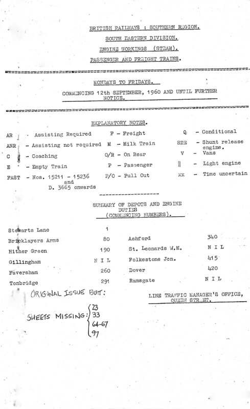 Southern Engine Workings, South Eastern Division, Mondays to Fridays starting 12 September 1960. 104 pages. [EW03196009120]