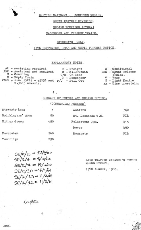 Southern Engine Workings, South Eastern Division, Saturdays starting 17 September 1960. 71 pages. Notes: Revised to SER16. [EW03196009170]