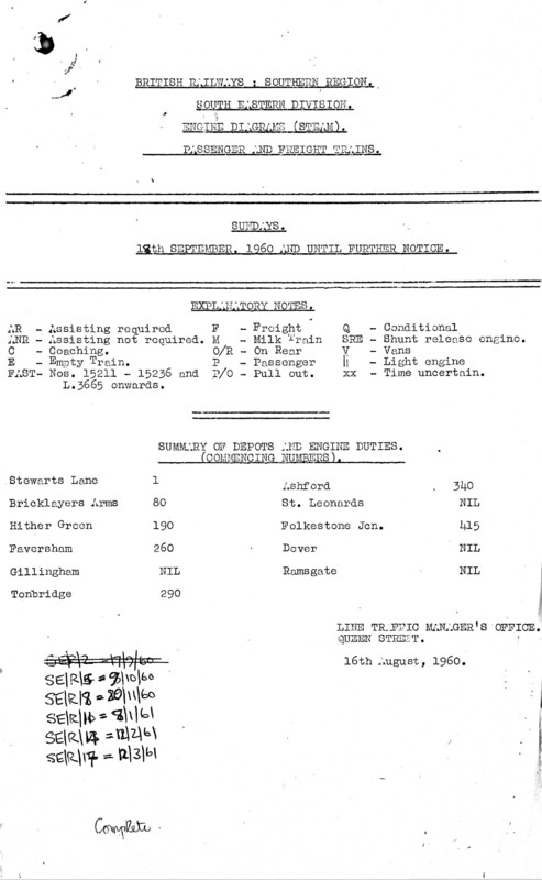 Southern Engine Workings, South Eastern Division, Sundays starting 18 September 1960. 36 pages. Notes: Revised to SER17. [EW03196009180]