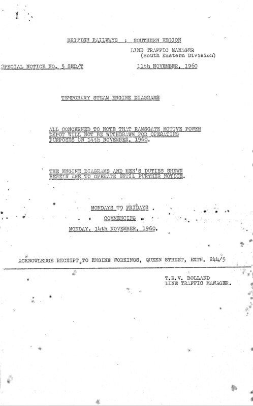 Southern Engine Workings, South Eastern Division, Monday starting 14 November 1960. 17 pages. Notes: Temporary Steam Diagrams. [EW03196011140]