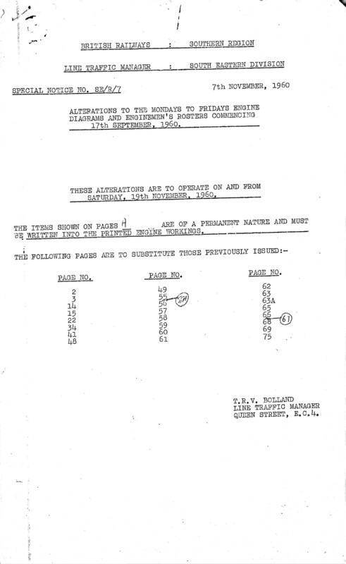 Southern Engine Workings, South Eastern Division, Saturdays starting 19 November 1960. 28 pages. Notes: SER7 Revisions. [EW03196011190]