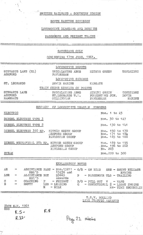 Southern Engine Workings, South Eastern Division, Saturdays starting 17 June 1961. 99 pages. Notes: Revised to SER11. [EW03196106170]