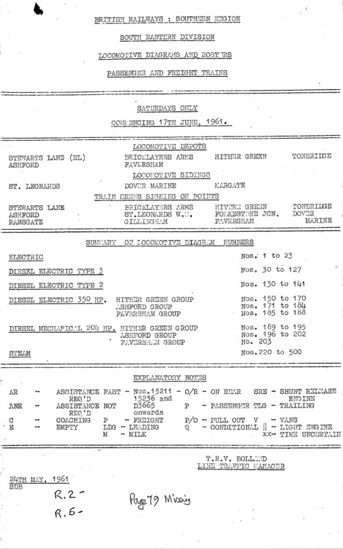 Southern Engine Workings, South Eastern Division, Saturdays starting 17 June 1961. 100 pages. Notes: Revised to SER5. [EW03196106171]