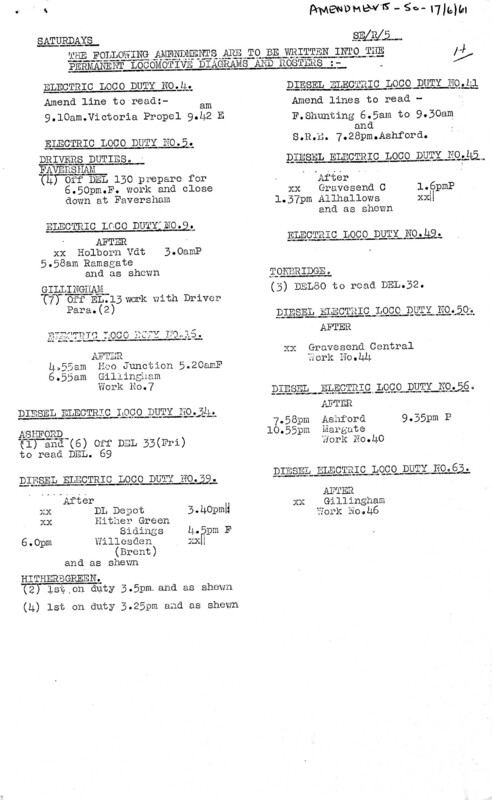 Southern Engine Workings, South Eastern Division, Saturdys starting 17 June 1961. 8 pages. Notes: Revisions. [EW03196106172]