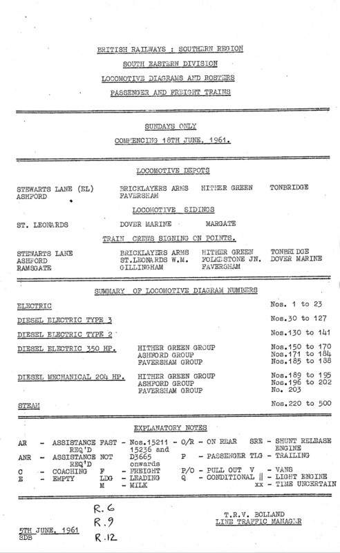 Southern Engine Workings, South Eastern Division, Sundays starting 18 June 1961. 54 pages. Notes: Revised to SER12. [EW03196106180]