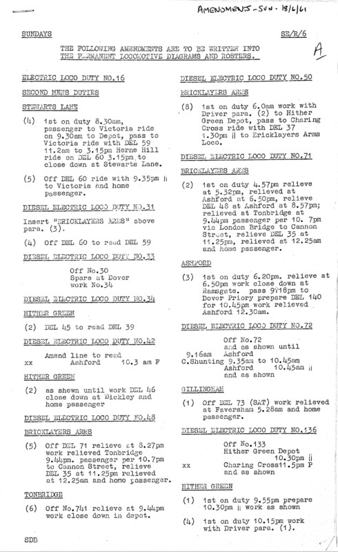 Southern Engine Workings, South Eastern Division, Sundays starting 18 June 1961. 4 pages. Notes: Revisions. [EW03196106182]