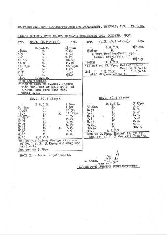Southern Engine Workings, Isle of Wight, Sundays starting 02 October 1938. 2 pages. [EW04193810020]