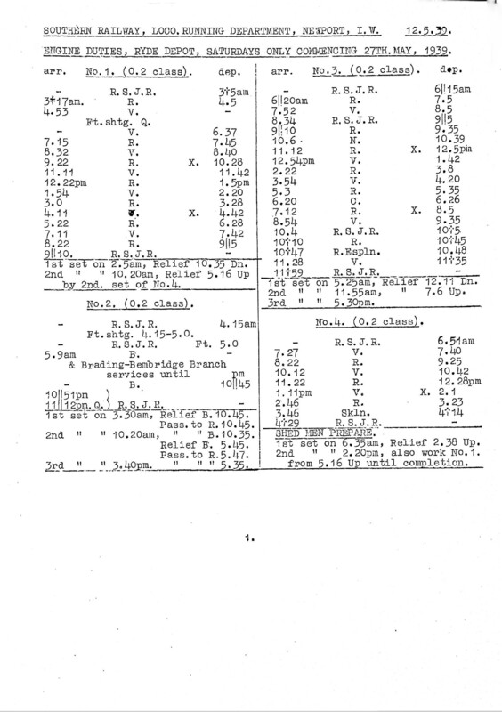 Southern Engine Workings, Isle of Wight, Saturdays starting 27 May 1939. 4 pages. [EW04193905270]