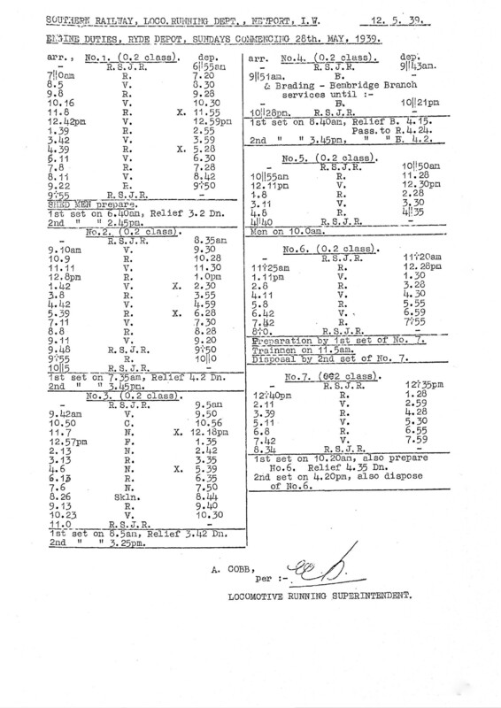 Southern Engine Workings, Isle of Wight, Sundays starting 28 May 1939. 1 pages. Notes: Ryde only. [EW04193905280]