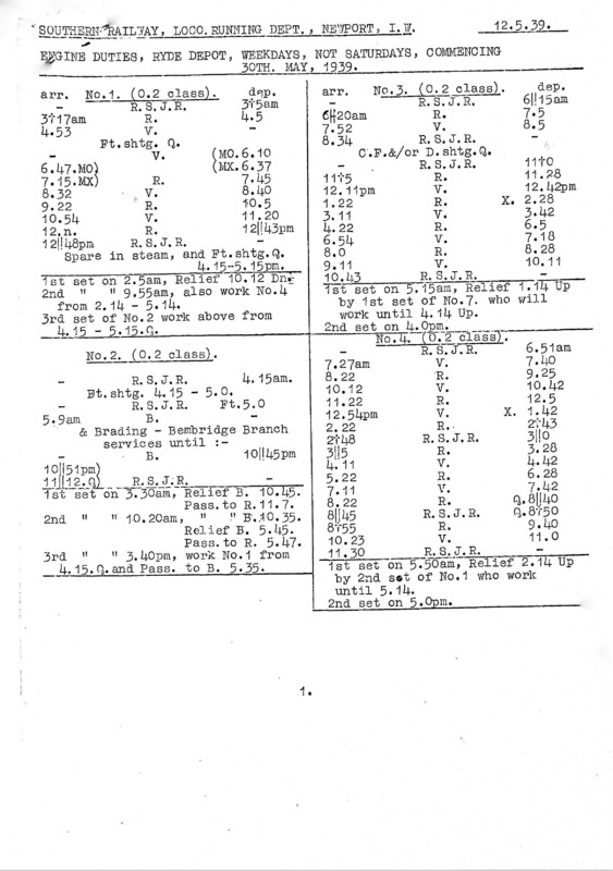 Southern Engine Workings, Isle of Wight, Mondays to Fridays starting 30 May 1939. 4 pages. [EW04193905300]