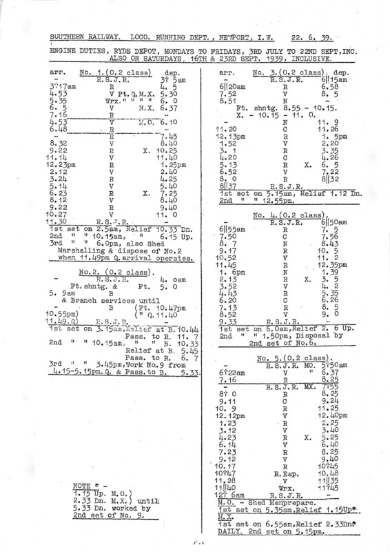 Southern Engine Workings, Isle of Wight, Mondays to Fridays starting 03 July 1939. 4 pages. [EW04193907030]