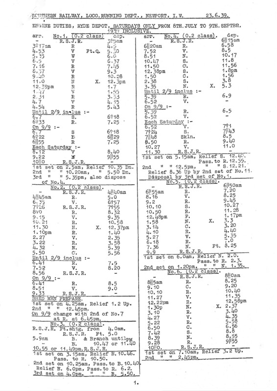Southern Engine Workings, Isle of Wight, Saturdays starting 08 July 1939. 4 pages. [EW04193907080]
