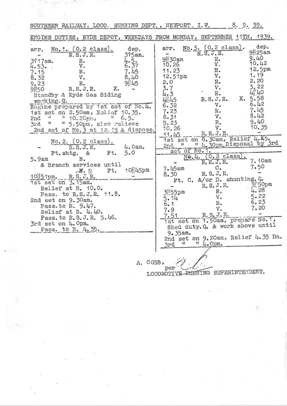 Southern Engine Workings, Isle of Wight, Weekdays starting 11 September 1939. 1 pages. Notes: Ryde only. [EW04193909110]