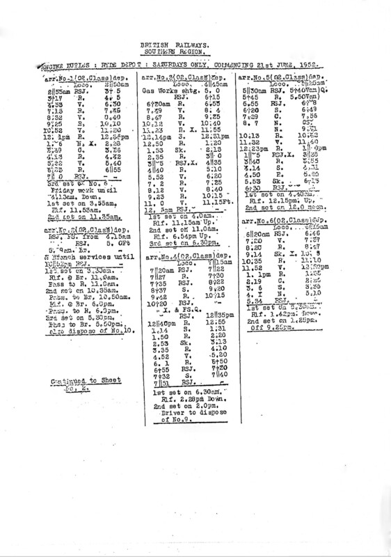 Southern Engine Workings, Isle of Wight, Saturdays starting 21 June 1952. 4 pages. [EW04195206210]