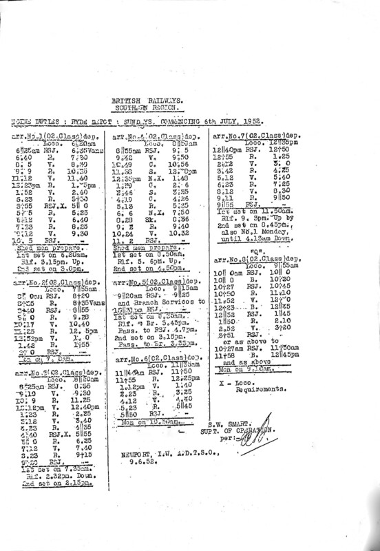 Southern Engine Workings, Isle of Wight, Sundays starting 06 July 1952. 2 pages. [EW04195207060]