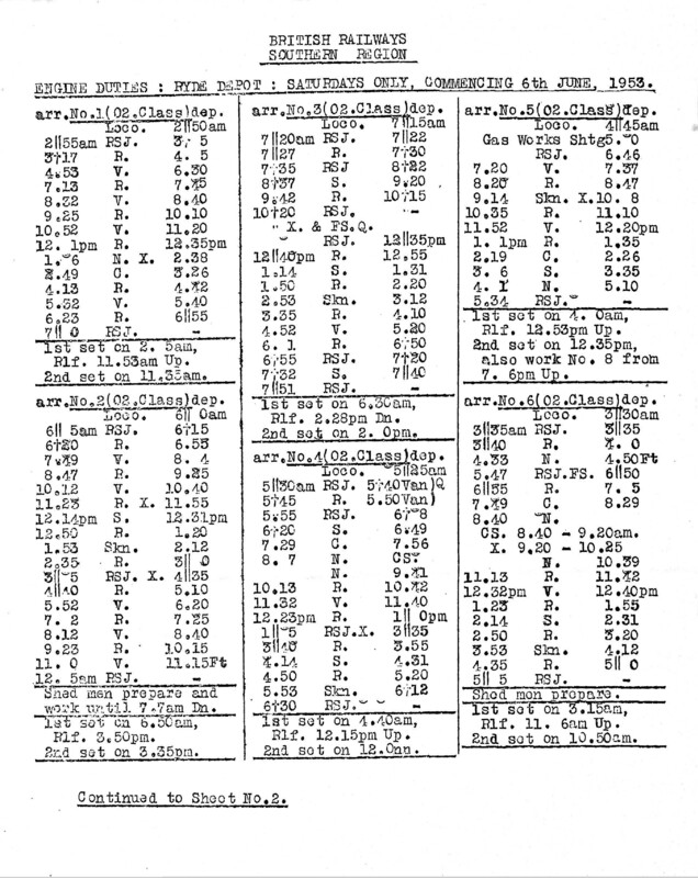 Southern Engine Workings, Isle of Wight, Saturdays starting 06 June 1953. 4 pages. [EW04195306060]