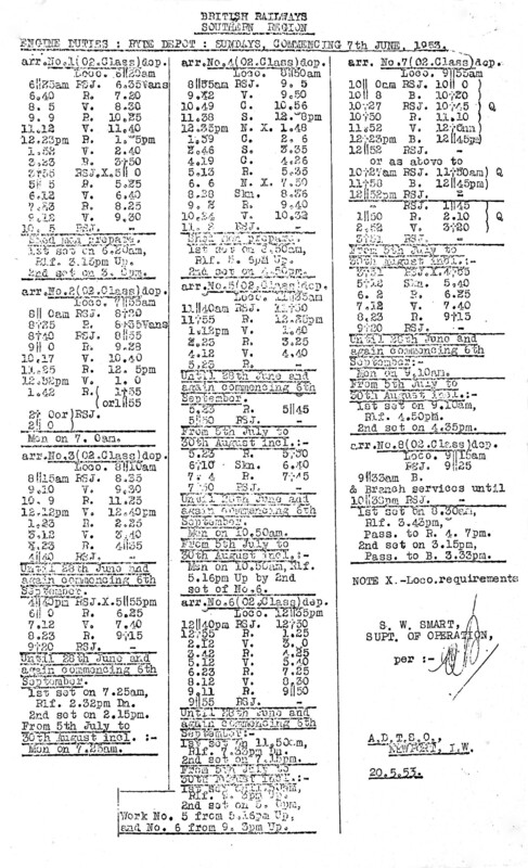 Southern Engine Workings, Isle of Wight, Sundays starting 07 June 1953. 2 pages. [EW04195306070]