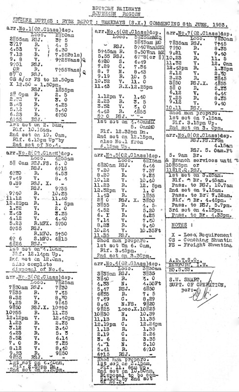 Southern Engine Workings, Isle of Wight, Mondays to Fridays starting 08 June 1953. 3 pages. [EW04195306080]