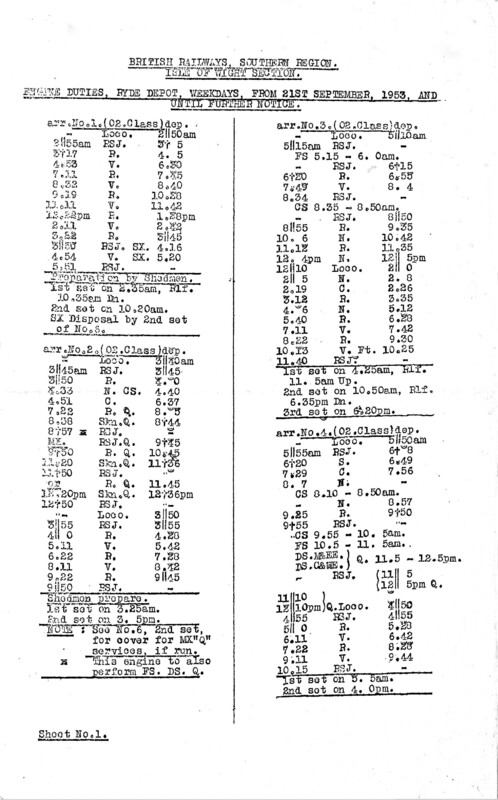 Southern Engine Workings, Isle of Wight, Weekdays starting 21 September 1953. 4 pages. [EW04195309210]