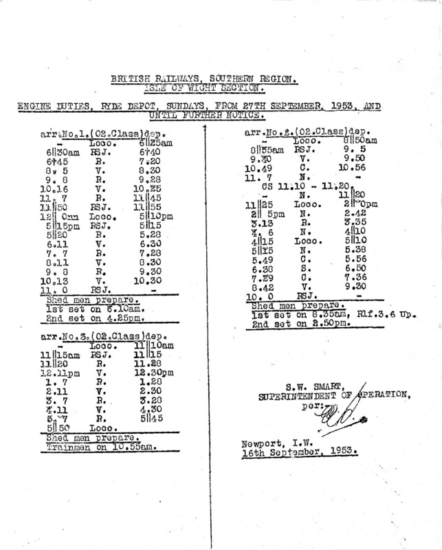 Southern Engine Workings, Isle of Wight, Sundays starting 27 September 1953. 2 pages. [EW04195309270]