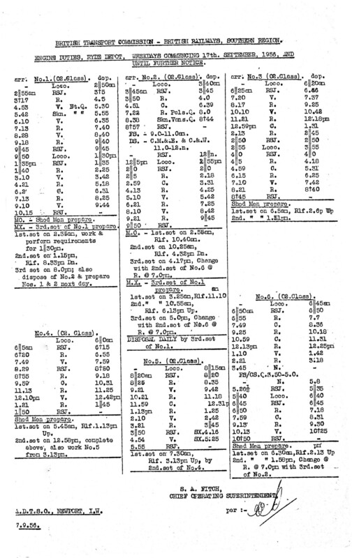 Southern Engine Workings, Isle of Wight, Weekdays starting 17 September 1956. 2 pages. [EW04195609170]