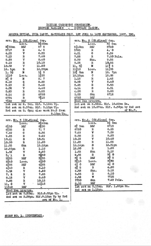 Southern Engine Workings, Isle of Wight, Saturdays starting 01 June 1957. 3 pages. [EW04195706010]