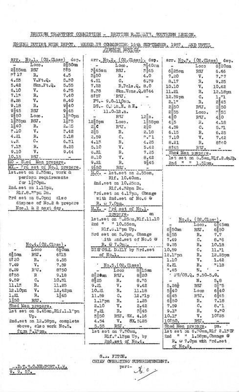 Southern Engine Workings, Isle of Wight, Weekdays starting 16 September 1957. 2 pages. [EW04195709160]