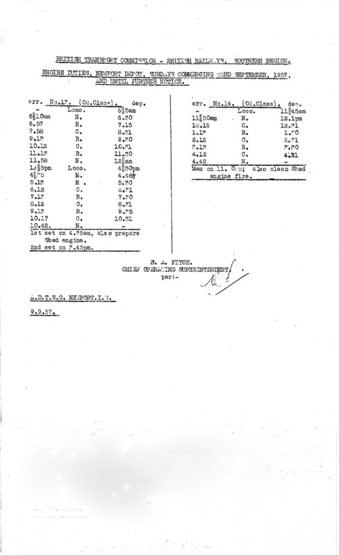 Southern Engine Workings, Isle of Wight, Sundays starting 22 September 1957. 1 pages. Notes: Newport only. [EW04195709220]