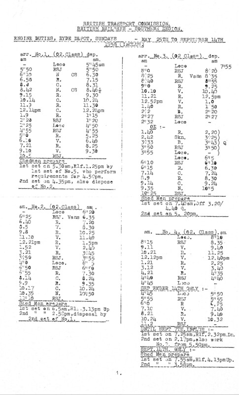 Southern Engine Workings, Isle of Wight, Sundays starting 25 May 1958. 2 pages. [EW04195805250]
