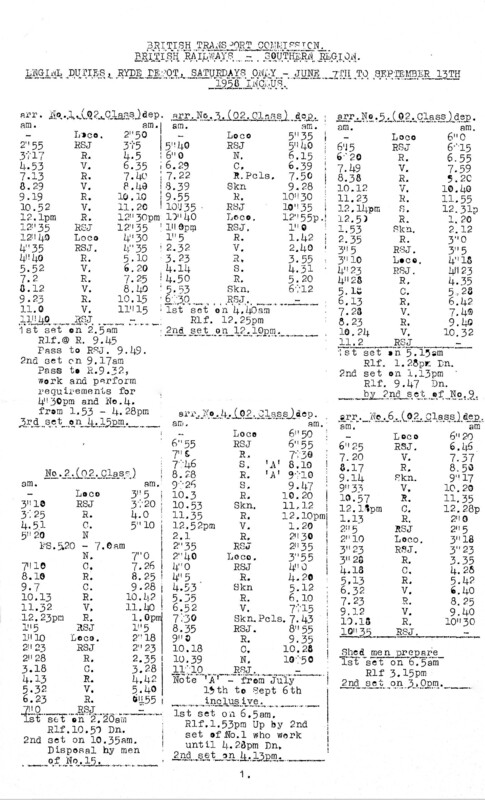 Southern Engine Workings, Isle of Wight, Saturdays starting 07 June 1958. 3 pages. [EW04195806070]