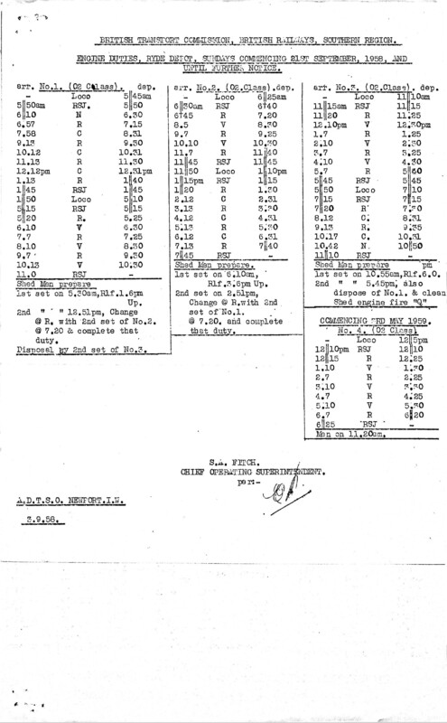 Southern Engine Workings, Isle of Wight, Sundays starting 21 September 1958. 1 pages. [EW04195809210]